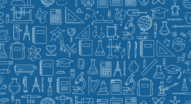 Dark blue educational background featuring white line art icons of school supplies science equipment and classroom materials.
