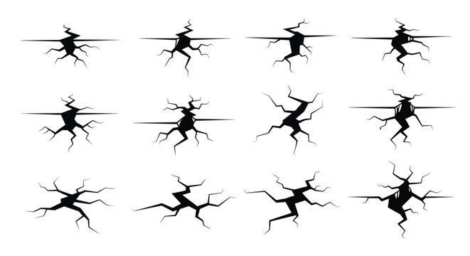 Collection of different black crack and fracture silhouettes illustrating structural damage on a plain white background for design projects.