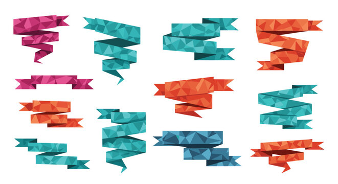 Group of colorful geometric ribbons in a low poly style with various folds and designs for web and graphic elements.