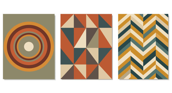 Set of three retro geometric patterns in a vintage color palette