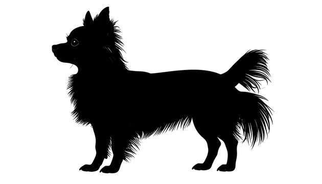 A silhouette of a small, long-haired dog, captured in profile. The figure has a fluffy tail and erect ears, on a white background