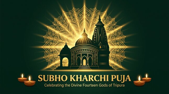Subho Kharchi Puja Festival Greeting with Glowing Golden Temple
