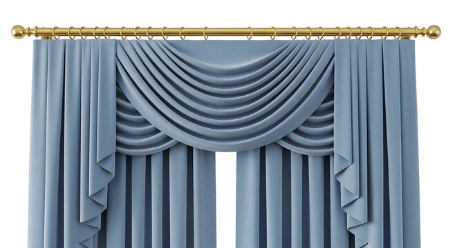 Elegant Blue Drapery: Luxurious blue curtains with intricate pleating and a golden curtain rod add a touch of sophistication to any room.