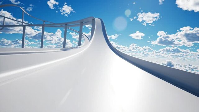Futuristic white roller coaster track curving upwards into a bright blue sky with fluffy clouds