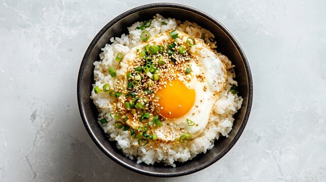 Korean food egg rice simple Korean meal gyeran bap rice egg soy sauce sesame oil comfort dish minimal aesthetic top view clean background