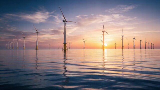 Serene sunset over ocean with towering offshore wind turbines harnessing clean renewable energy