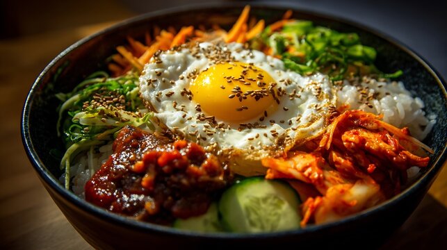 Korean food bibimbap traditional Korean cuisine vibrant rice bowl vegetable fried egg gochujang authentic Korean dish top view minimal aesthetic soft lighting high detail
