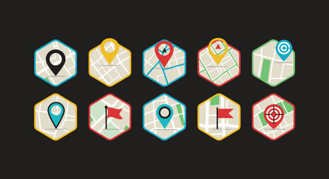 Collection of map pin and navigation icons displayed on different hexagonal fragments of city street maps on black background.