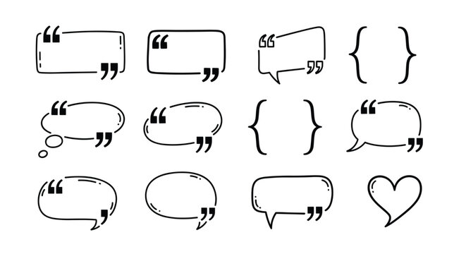 Set of various hand drawn speech bubbles, quote marks, brackets, and a small heart in a simple black ink sketch style on white.