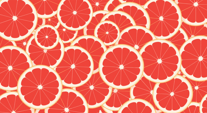 Cheerful and vibrant seamless pattern of overlapping red grapefruit or blood orange slices for a fresh fruit background design.