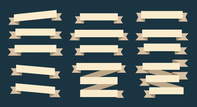 Collection of horizontal banner ribbons in a cream vintage style displayed against a dark navy blue background for text labeling.