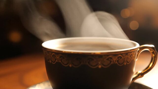 Steaming hot coffee in a decorative cup with golden accents, close-up