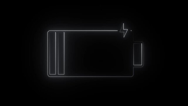Neon battery charging icon with lightning bolt charging, energy power lightning indicator animation on black background 4k video ....