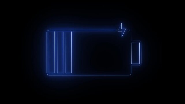 Neon battery charging icon with lightning bolt charging battery , neon electric flash symbol technology energy power lightning indicator animation on black background 4k video ....