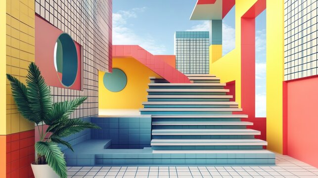 Abstract colorful architectural scene, steps,  city view,  3D illustration, product display,  interior design