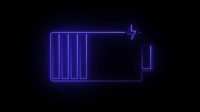 Glowing neon battery charging  icon with lightning bolt animation video on black background 