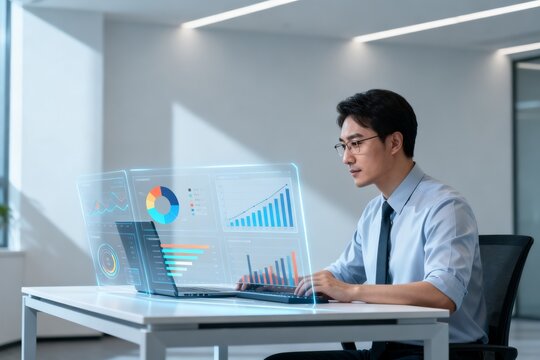 Man working on laptop with data charts