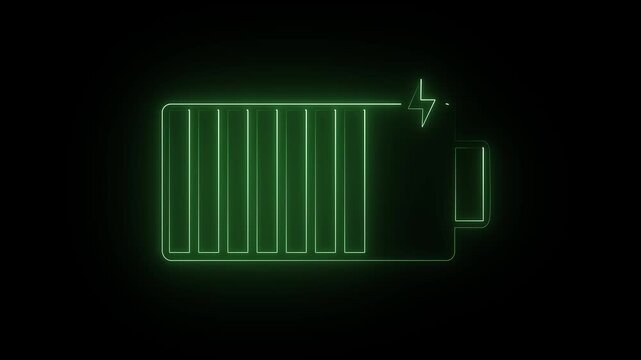 Abstract battery charging icon with neon sing glowing green color animated video on black background ....