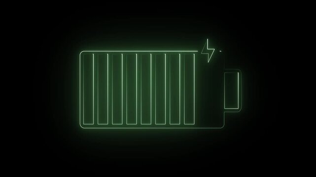 Neon glowing battery charging icon. Glowing neon line Battery icon animated video