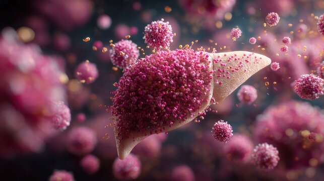 Cellular Abnormality: A microscopic view of a liver organ undergoing cellular transformation, with abnormal pink cells and golden particles surrounding it, suggesting disease or a scientific study.