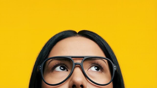 Close up of a woman wearing black frame glasses looking upwards against a bright yellow background