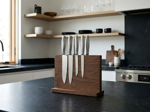 Set of stainless steel kitchen knives on a magnetic knife block