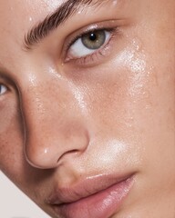 Fototapeta premium Ultra closeup half face green eyes glowing no makeup skin beauty