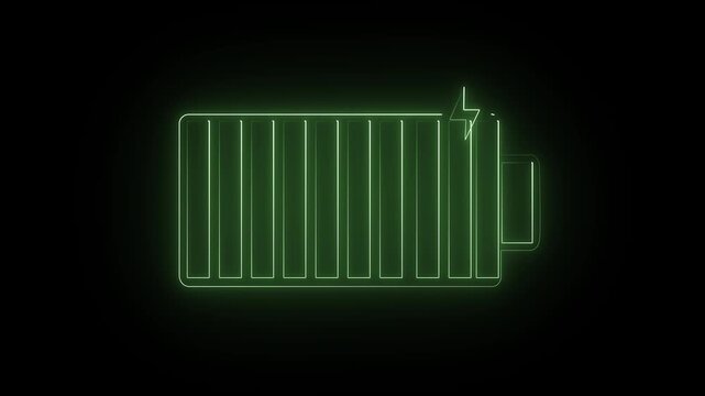 Glowing green color  neon battery icon showing FULL charge on a black background power energy animation video ....