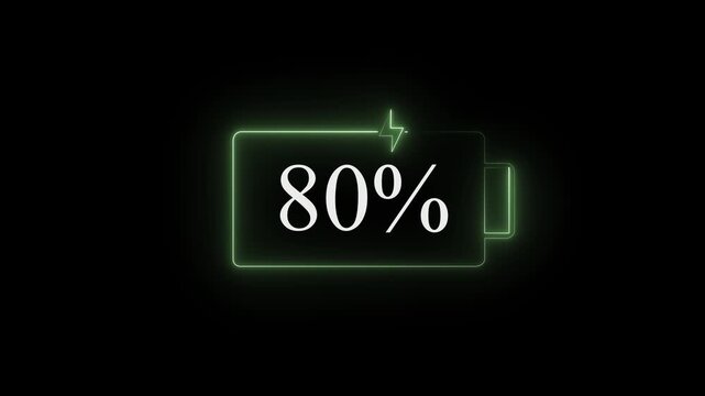 Abstract battery charging icon with neon sing glowing green color animation on black background.4k video....