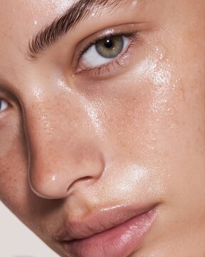 Ultra closeup half face green eyes glowing no makeup skin beauty