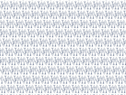 A playful, seamless pattern featuring a repeating array of stylized fish in diverse designs&mdash;striped, scaled, and intricately lined&mdash;rendered in soft blue tones on transparent background