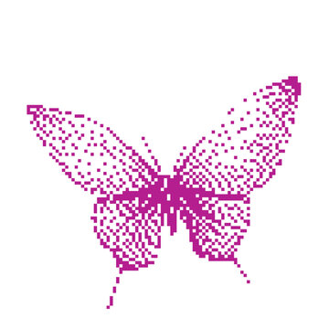 Pixelated butterfly in motion against a clean white background with a digital transformation concept