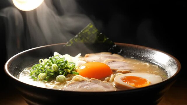 Steaming hot bowl of authentic Japanese ramen noodles topped with sliced chashu pork, a soft-boiled egg, raw yolk, fresh green onions, and nori seaweed against a dark background.
