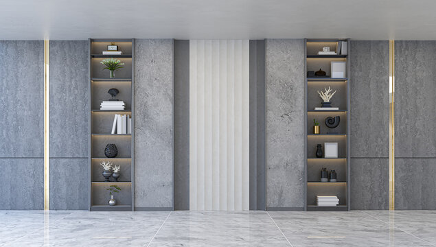3D render of a luxury modern contemporary interior backdrop featuring elegant grey stone panels, dark shelving with warm lighting, and a white marble floor. Ideal for premium product showcases and hig