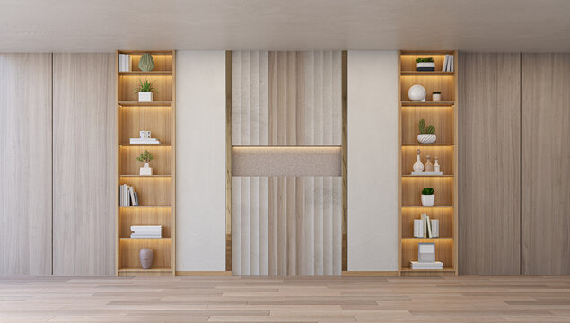 3D render of a warm modern interior backdrop featuring textured stone accents, vertical wood panels, and built-in wooden display shelves with soft lighting. Great for versatile product mockups and int
