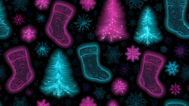 Repeatable holiday surface pattern with glowing christmas icons and playful modern style