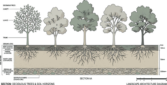 Deciduous Trees and Soil Horizons Section AA Cross Section Diagram for Landscape Architecture and Botanical Earth Layer Analysis Vector Illustration