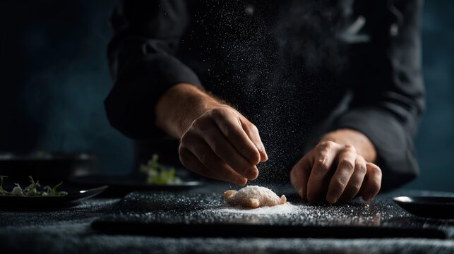 Professional Chef Hands Seasoning Food with Fine Powder in Dramatic Kitchen Setting