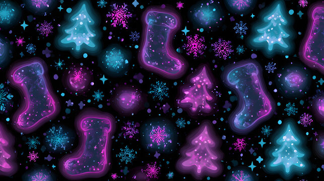 Repeatable holiday surface pattern with glowing christmas icons and playful modern style