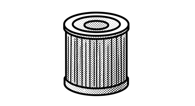 Cylindrical oil filter with pleated paper element, isolated on white background, line drawing