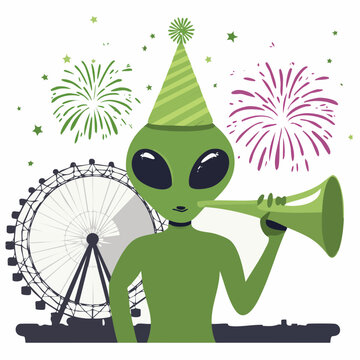 Alien Celebrating with Party Hat and Horn at Amusement Park with Fireworks