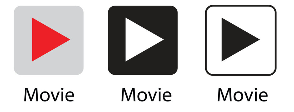 Minimalist movie play button icon set, red and black video player symbols, 3 digital media interface elements for streaming apps and web design