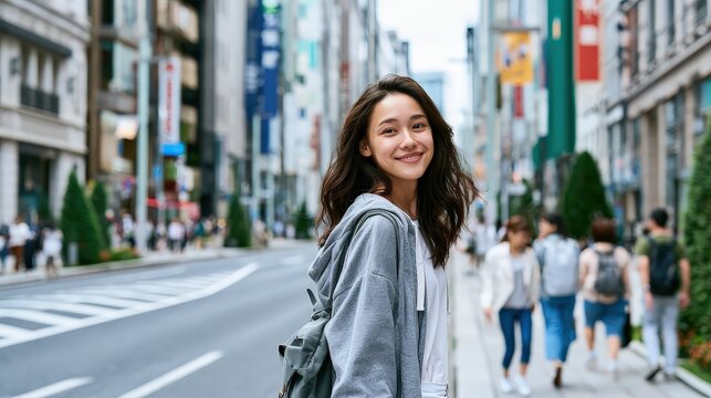 young woman walking in the city steadicam