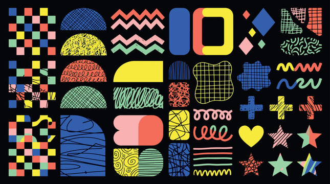Abstract geometric shape set with colorful hand drawn textured icons wavy lines stars and grid patterns on black background vector illustration