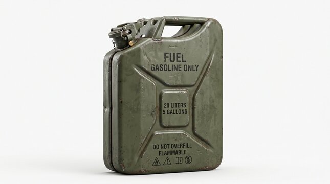 Vintage military jerry can, olive green metal fuel canister for gasoline, 20 liters 5 gallons steel gas container, weathered industrial fuel tank