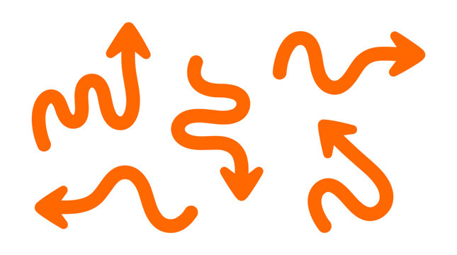 Set of wavy Orange Arrow. Scribble paint different direction vector illustration