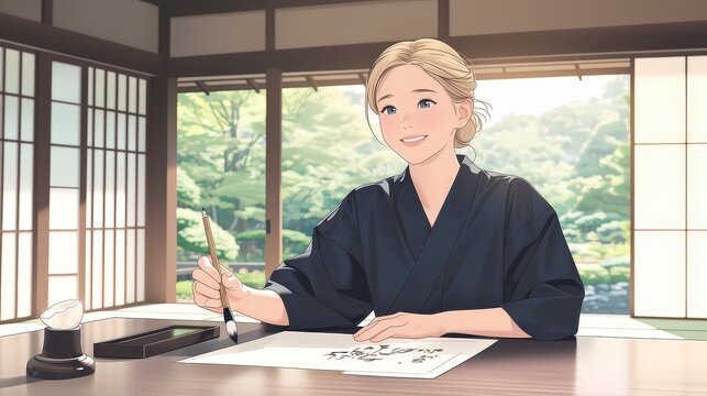 young caucasian woman learning japanese calligraphy at a temple