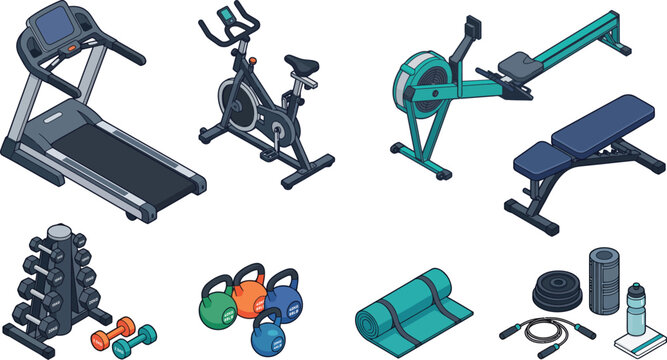 Isometric gym equipment vector set featuring treadmill, exercise bike, rowing machine, dumbbells, kettlebells, workout bench, yoga mat, and fitness accessories isolated on background.