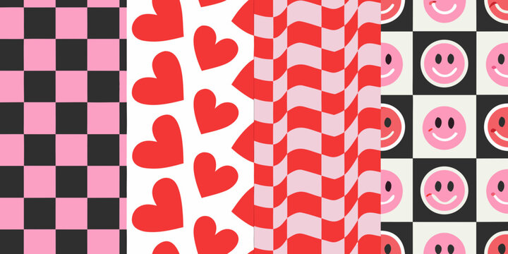 Repeating patterns of hearts checkerboard and smiley faces vector illustration