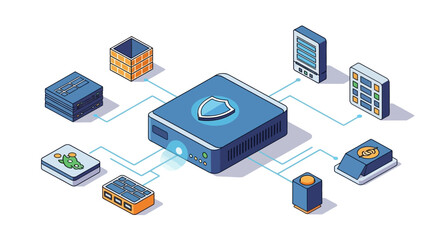Conceptual illustration of a secure network system with connected devices. © Khor